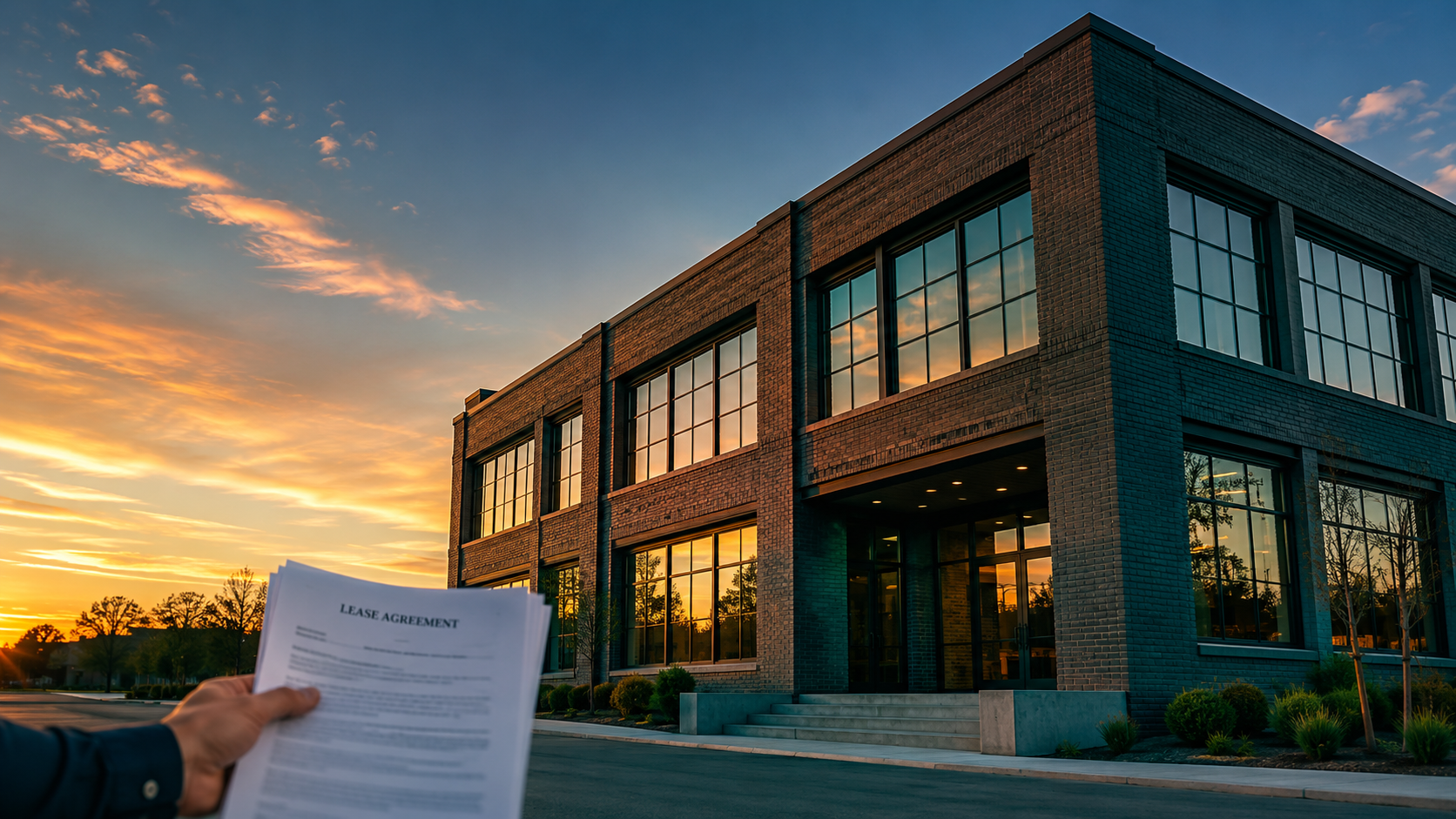 Commercial building exterior at golden hour with lease agreement document — cannabis real estate tax strategy substance over form