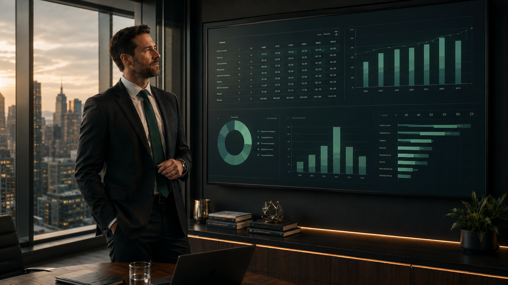 Cannabis CFO reviewing bonus depreciation schedule on wall-mounted screen, GreenGrowth CPAs