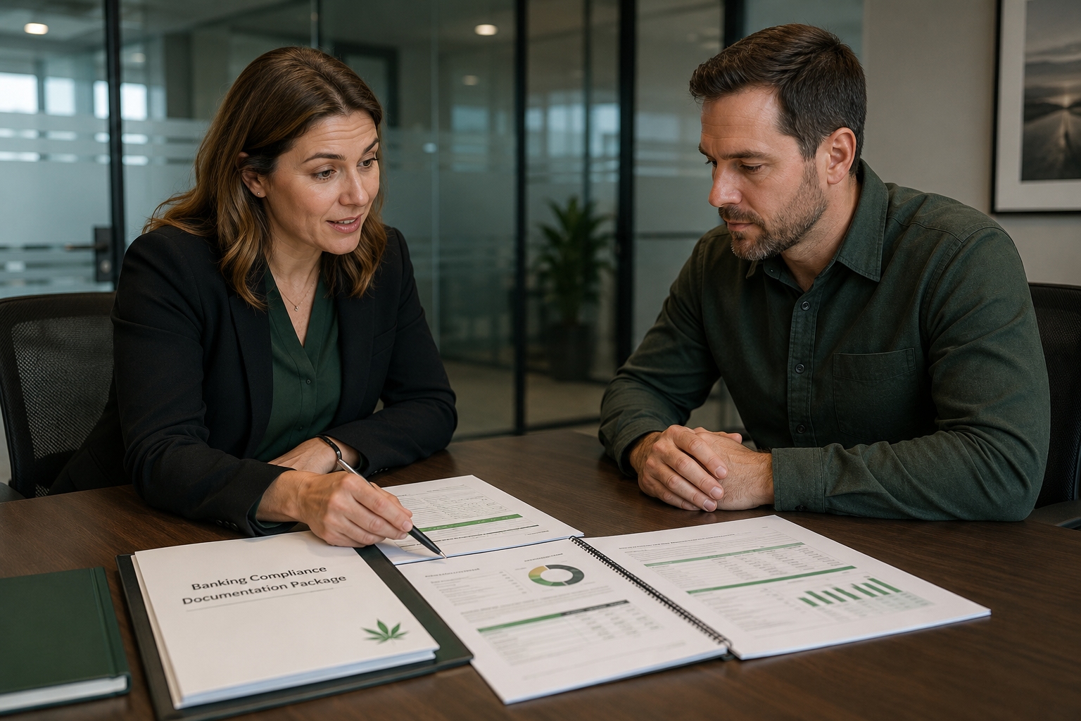 Cannabis operator and financial advisor reviewing banking compliance documentation package at conference table, GreenGrowth CPAs 2026