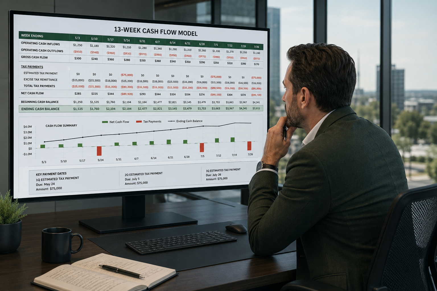 Cannabis CFO reviewing 13-week cash flow model showing quarterly tax payment schedule on large monitor, GreenGrowth CPAs