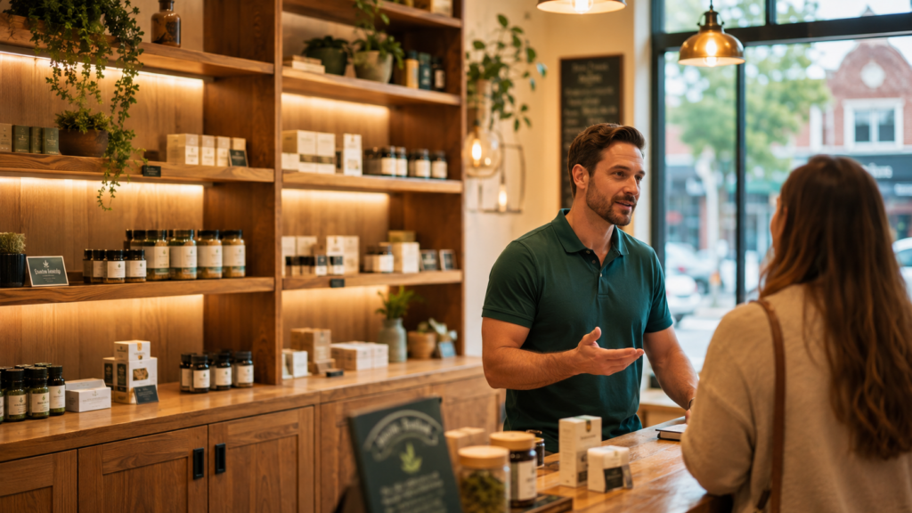Warm boutique cannabis dispensary interior with budtender assisting customer — cannabis dispensary growth strategy