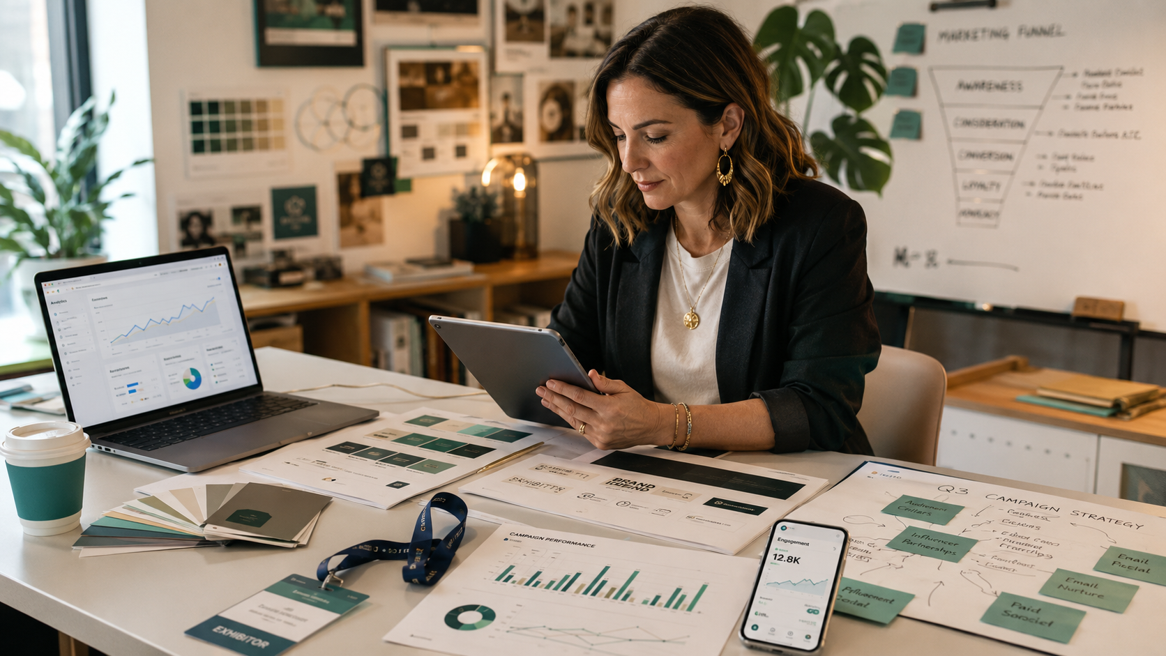 Cannabis marketing strategy planning session with fractional CMO reviewing brand identity and analytics data