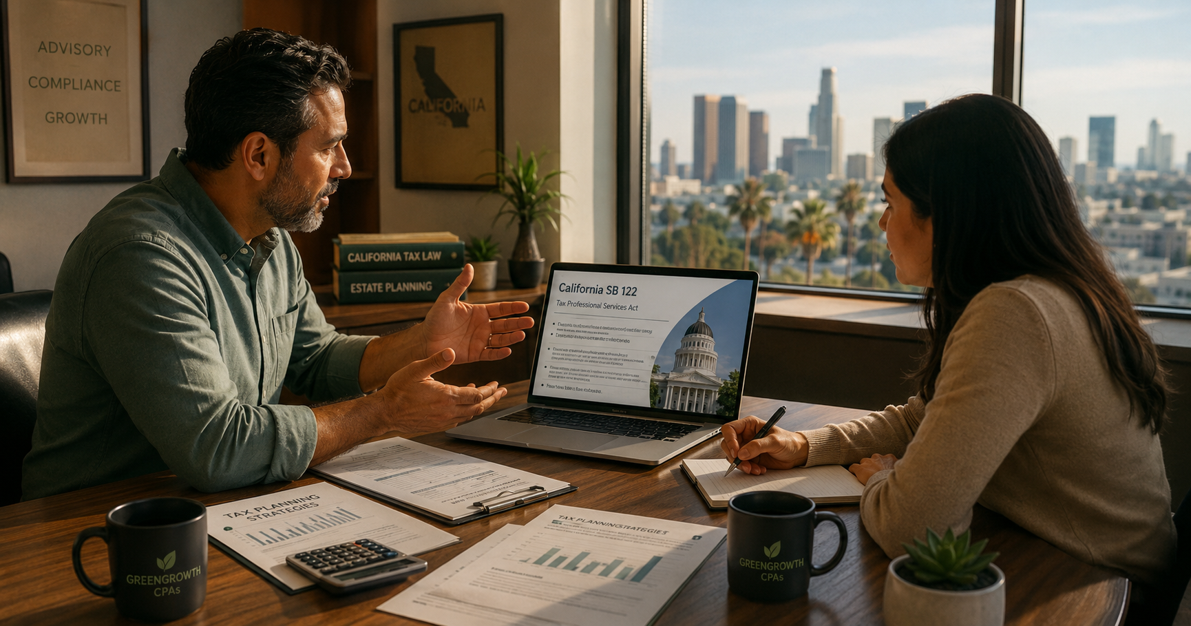 California tax advisor discussing SB 122 tax changes 2026 with client at GreenGrowth CPAs office in Los Angeles