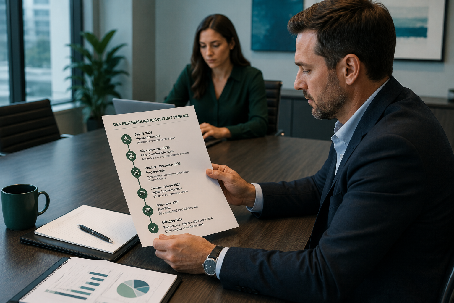 Cannabis financial advisor reviewing DEA rescheduling regulatory timeline document at conference table after July 2026 hearing, GreenGrowth CPAs