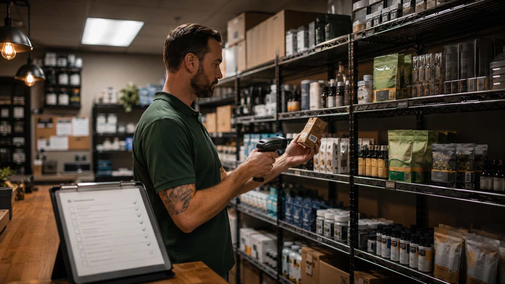 Cannabis dispensary inventory management — organized product shelving and compliance tracking documentation